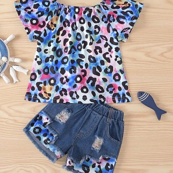 NEW Toddler Girls Short Sleeve On/Off Shoulder Top and Matching Denim Shorts Set - Picture 1 of 4